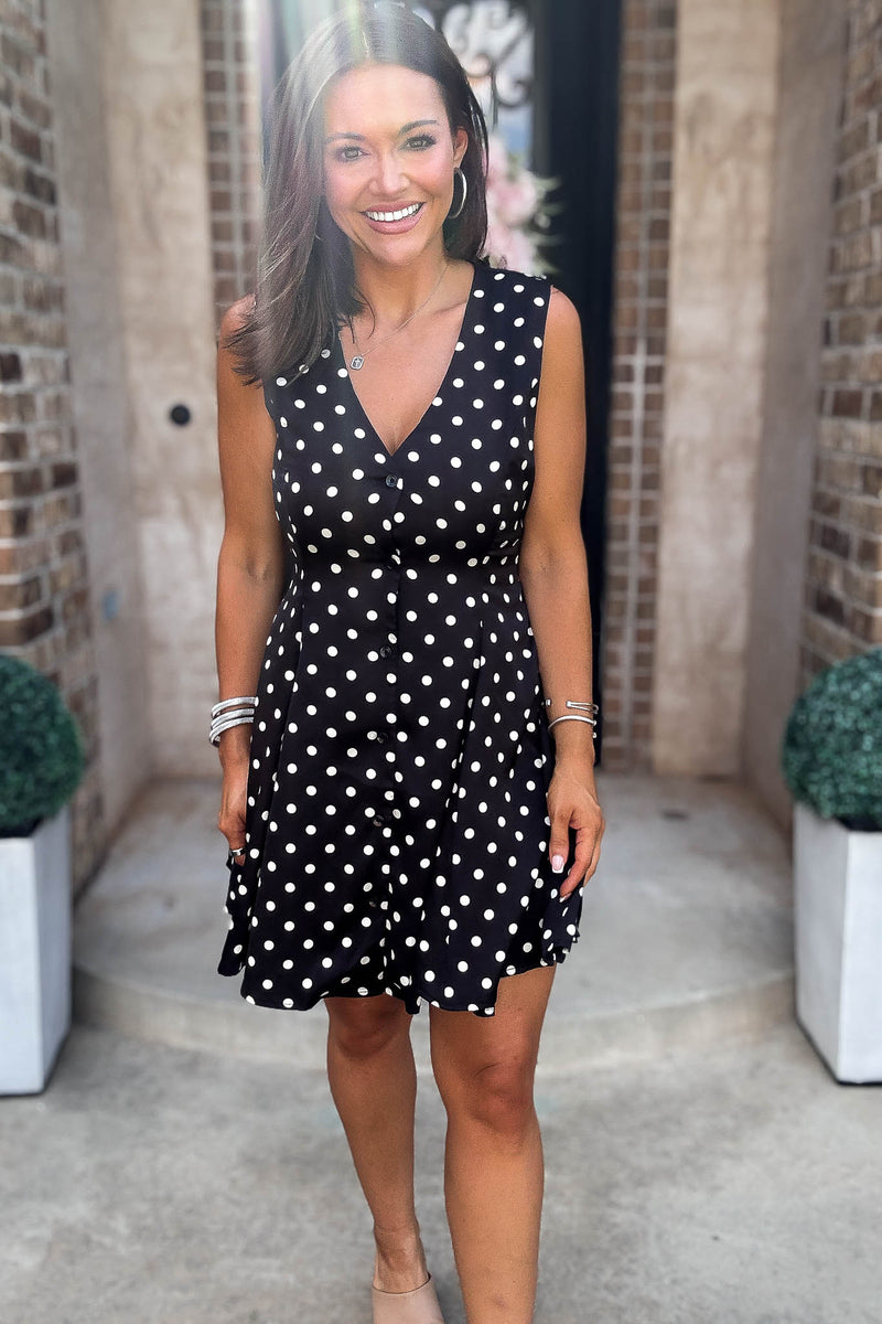 Mable Clever Spot Polka Dot V Neck Flared Sleeveless Mini Dress