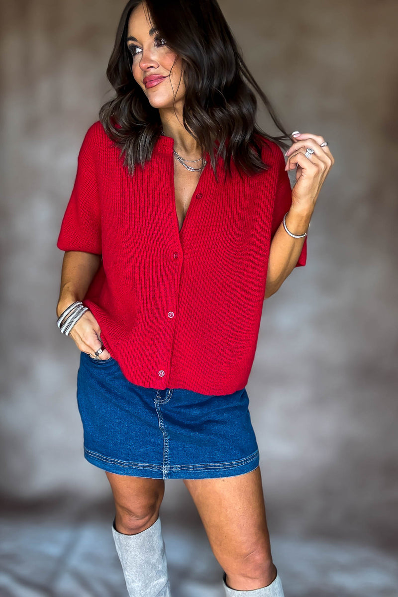 Red Short Sleeve Sweater Cardigan