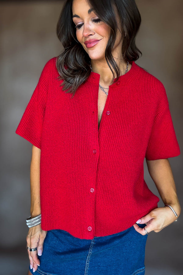 Red Short Sleeve Sweater Cardigan