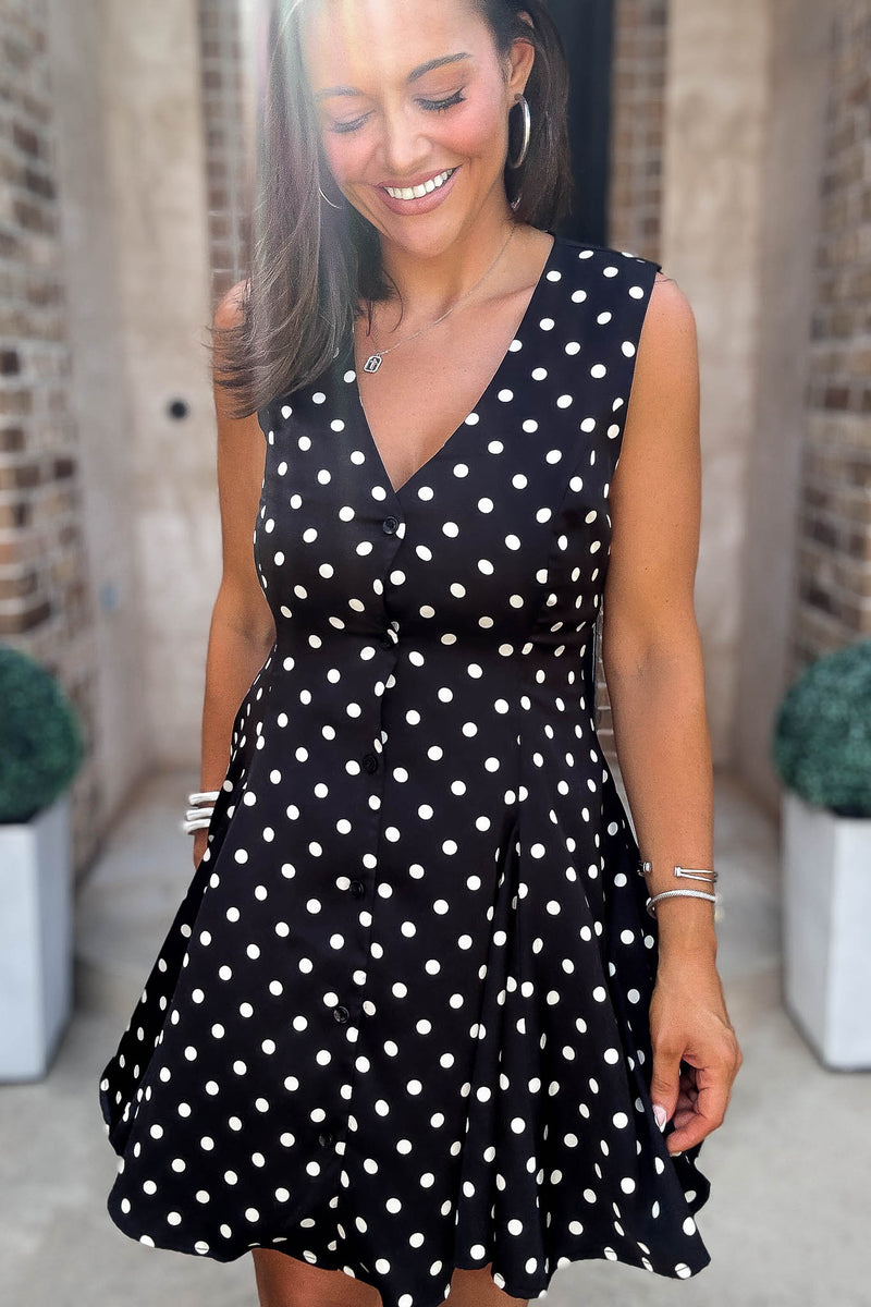 Mable Clever Spot Polka Dot V Neck Flared Sleeveless Mini Dress