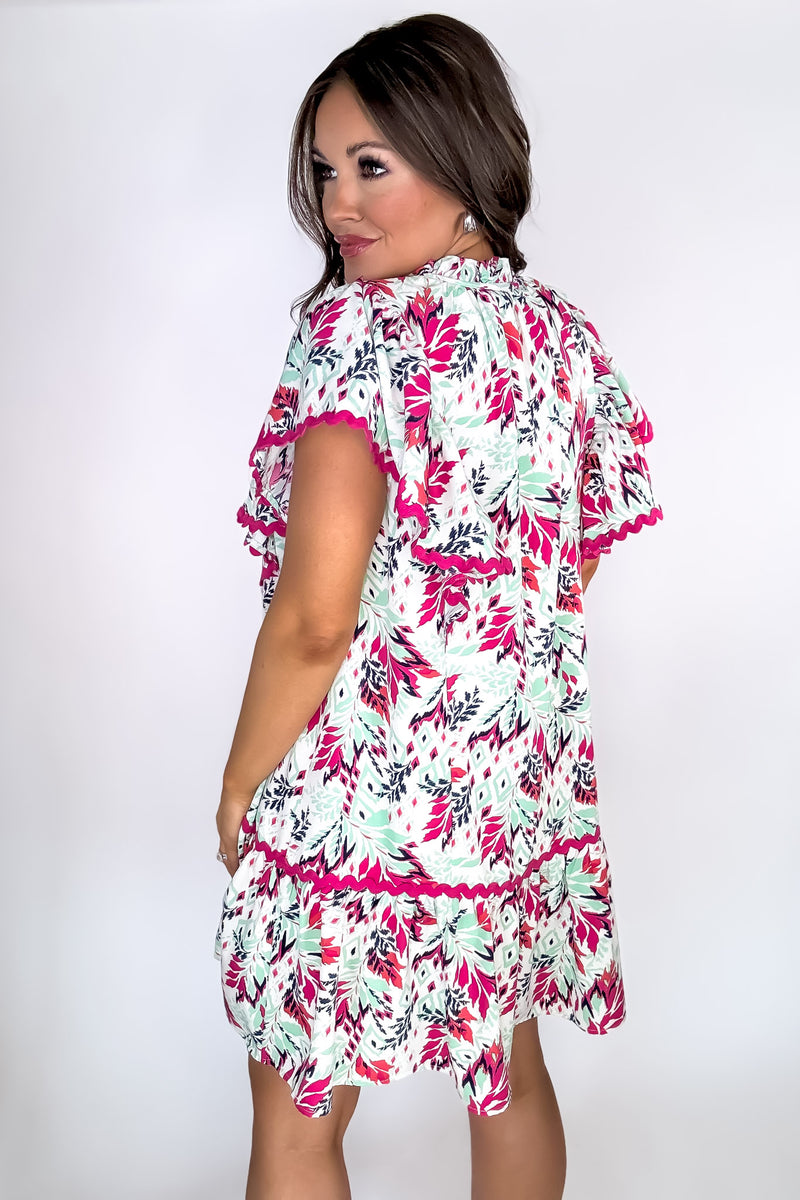 Fuchsia Mint Print V-Neck Short Sleeve Dress