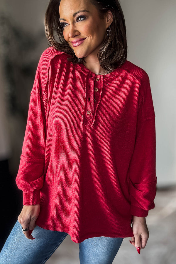 Ribbed Dark Red Brushed Hacci Melange Henley Sweater Top