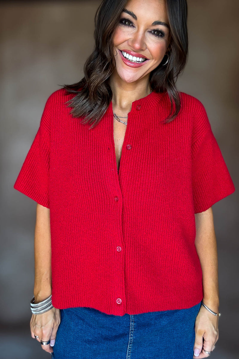 Red Short Sleeve Sweater Cardigan