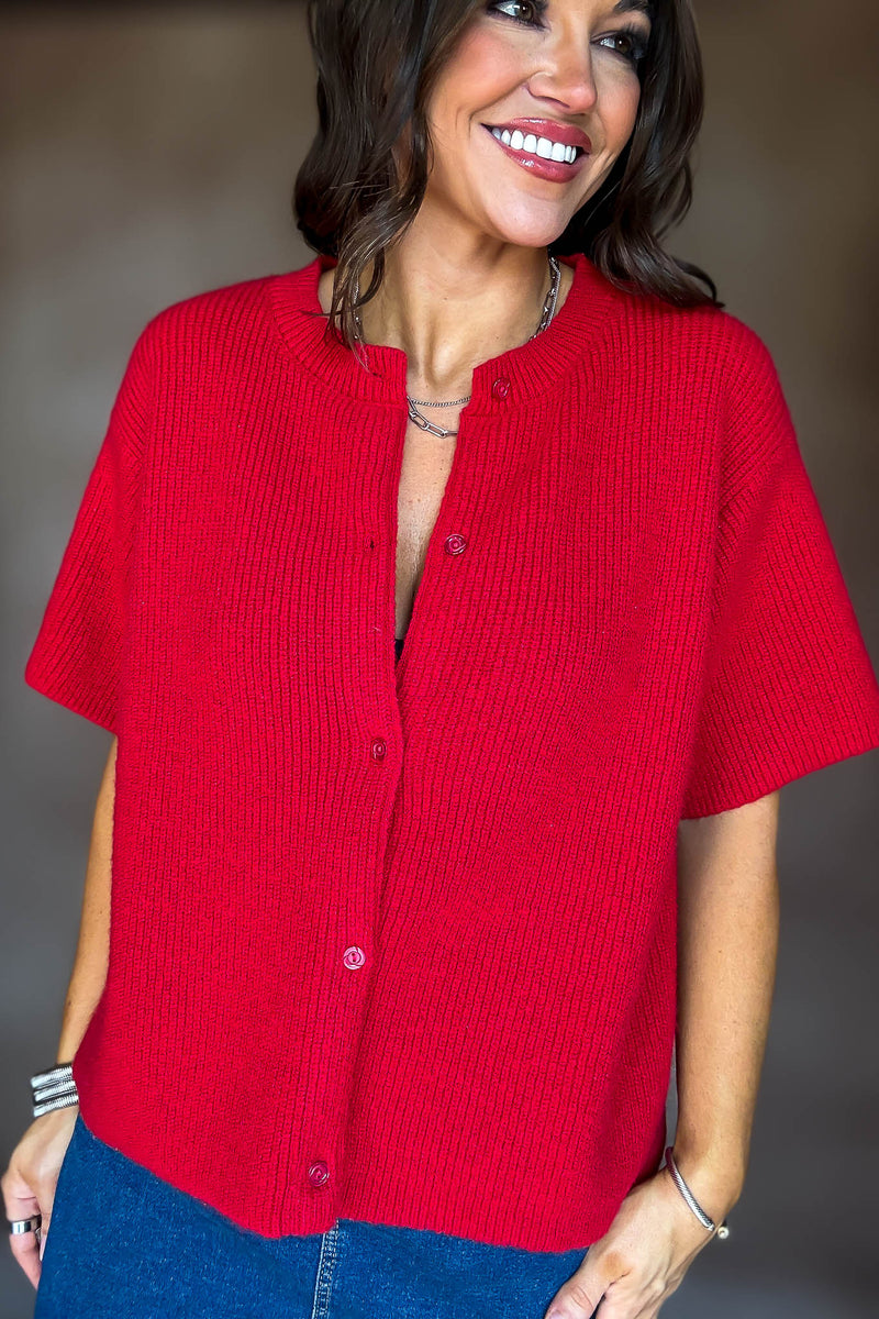 Red Short Sleeve Sweater Cardigan