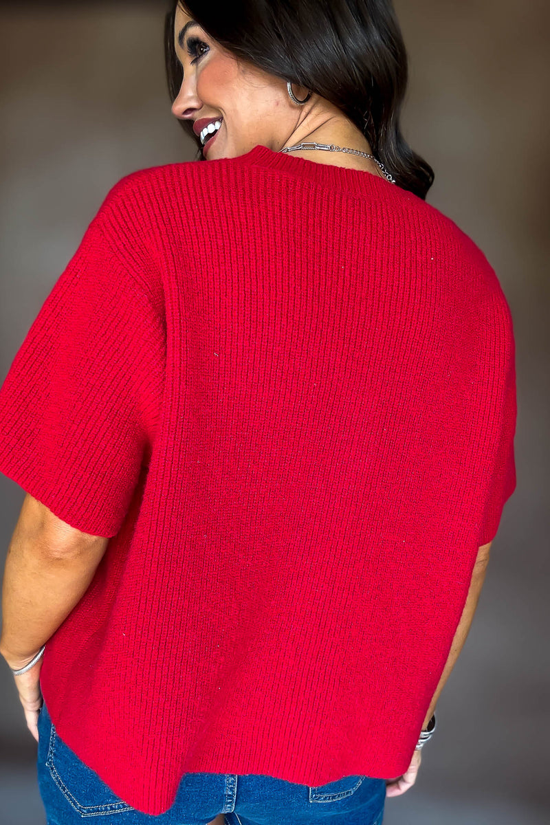Red Short Sleeve Sweater Cardigan