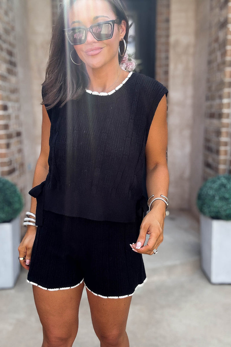 Mable Ultimate Black Side Tie Detail Knit Vest Top