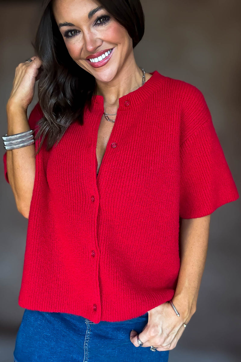 Red Short Sleeve Sweater Cardigan