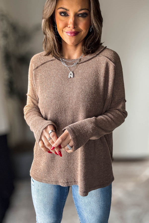 Brushed Mocha Ribbed Hacci Hi-Low Sweater Top