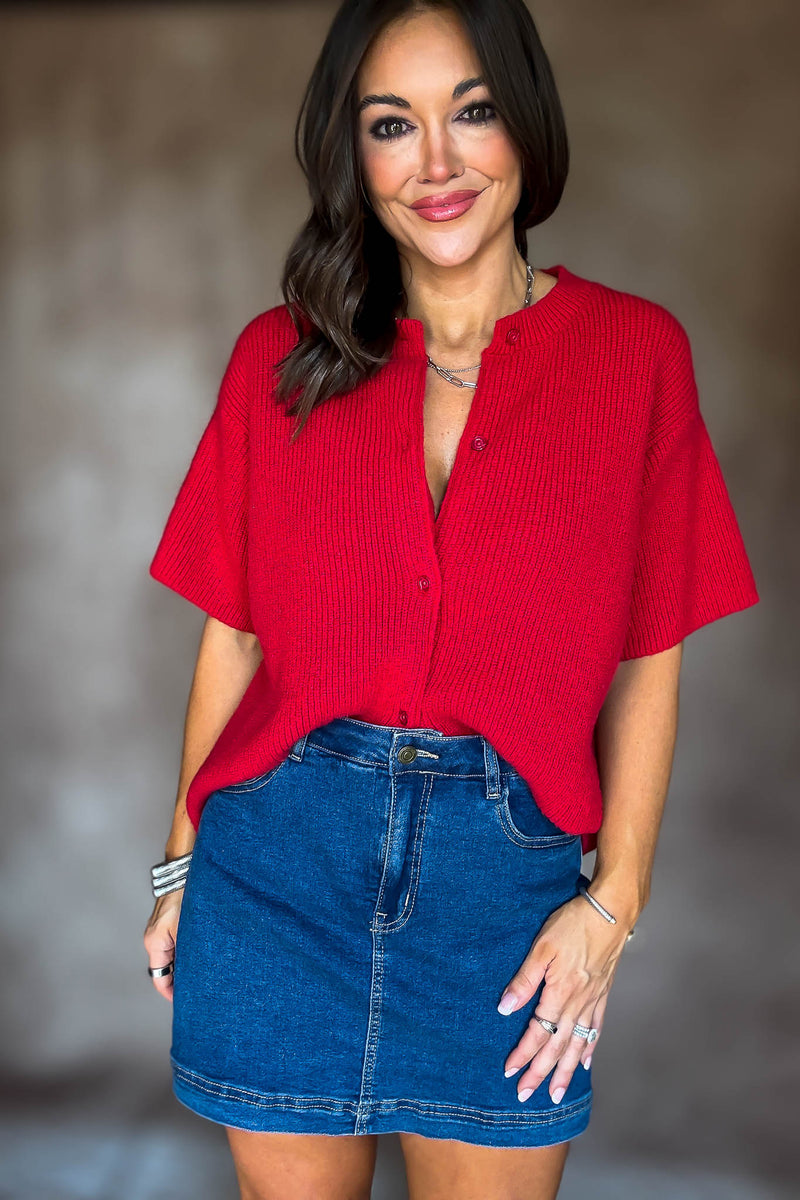 Red Short Sleeve Sweater Cardigan