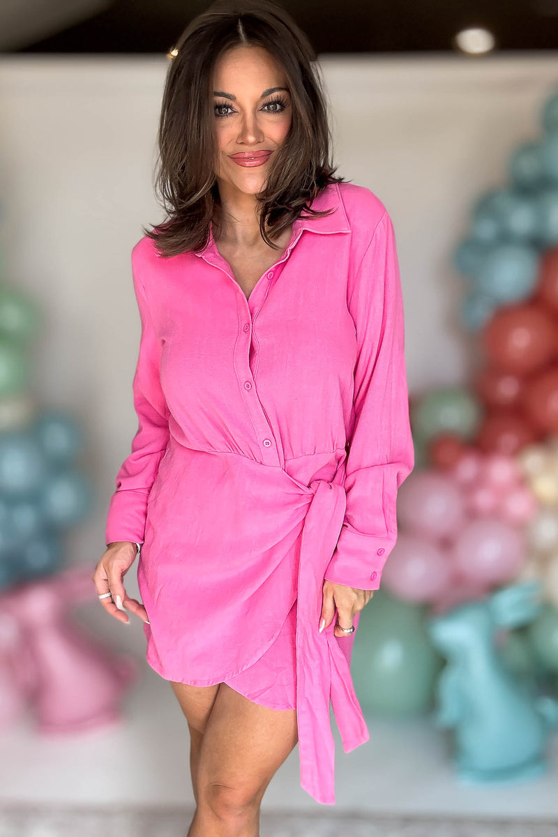 Pink Long Sleeve Wrap Dress