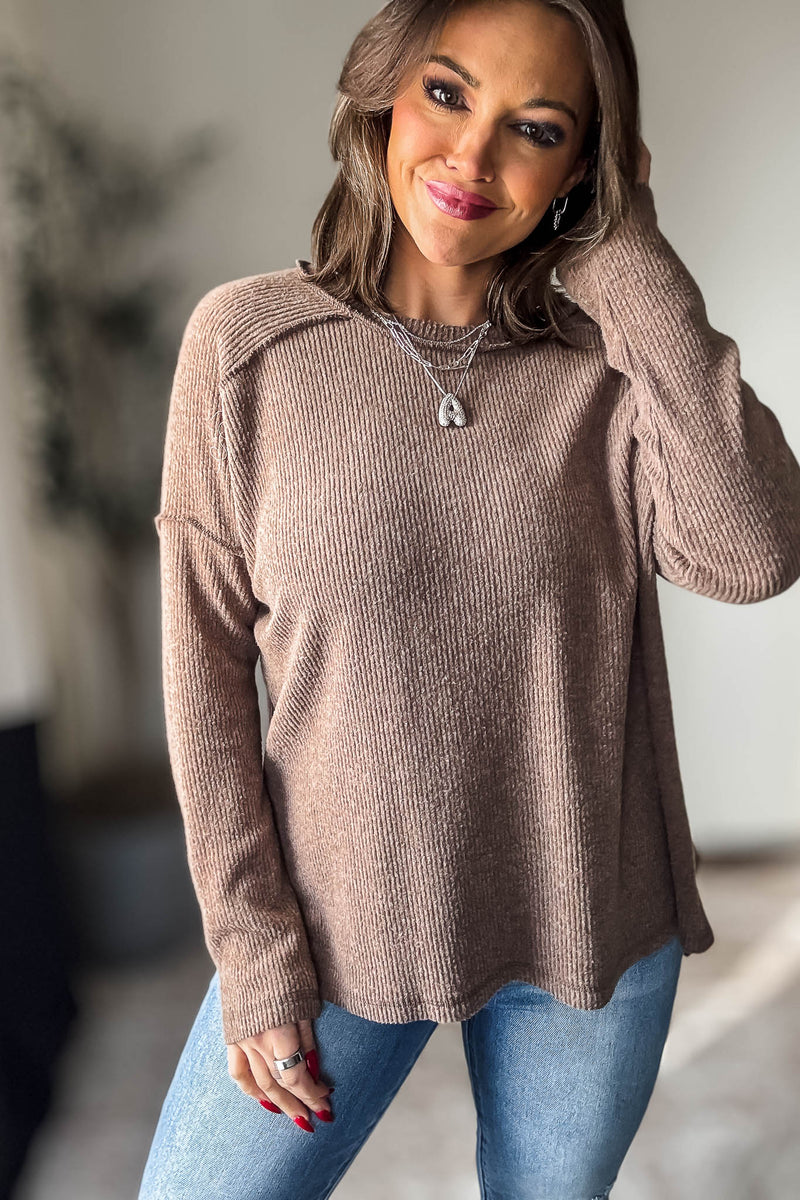 Brushed Mocha Ribbed Hacci Hi-Low Sweater Top