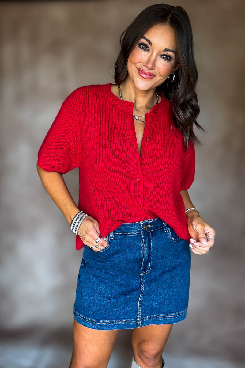 Red Short Sleeve Sweater Cardigan