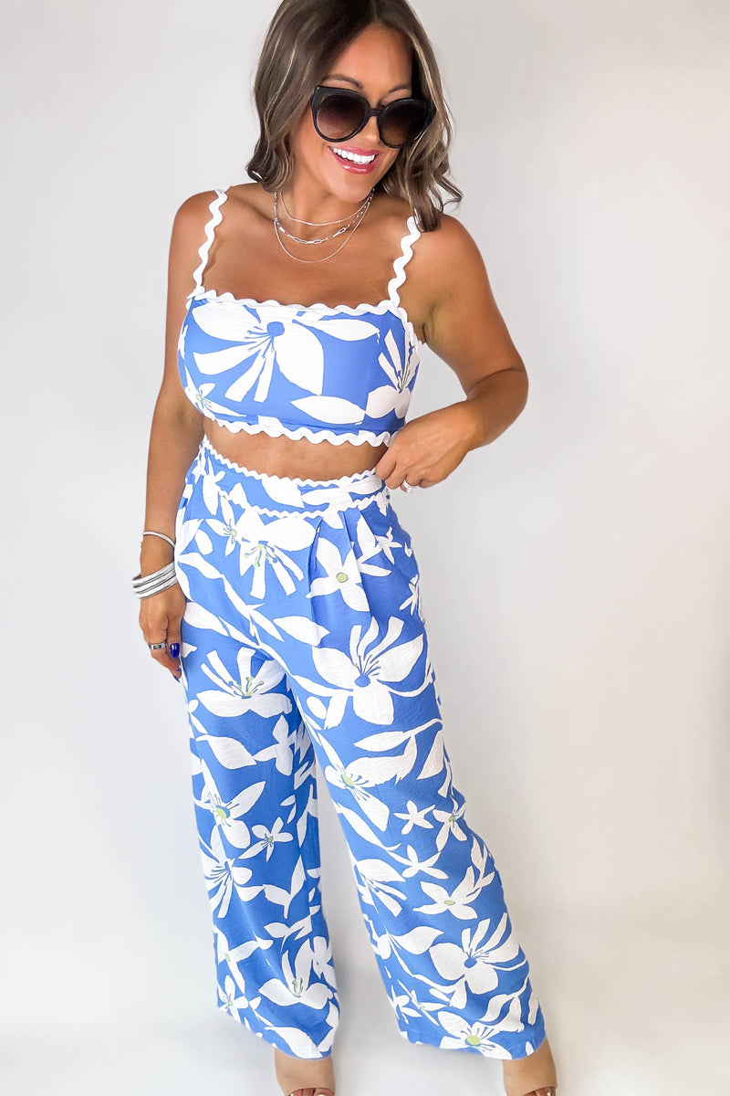 Blue Floral Rickrack Trimmed Top