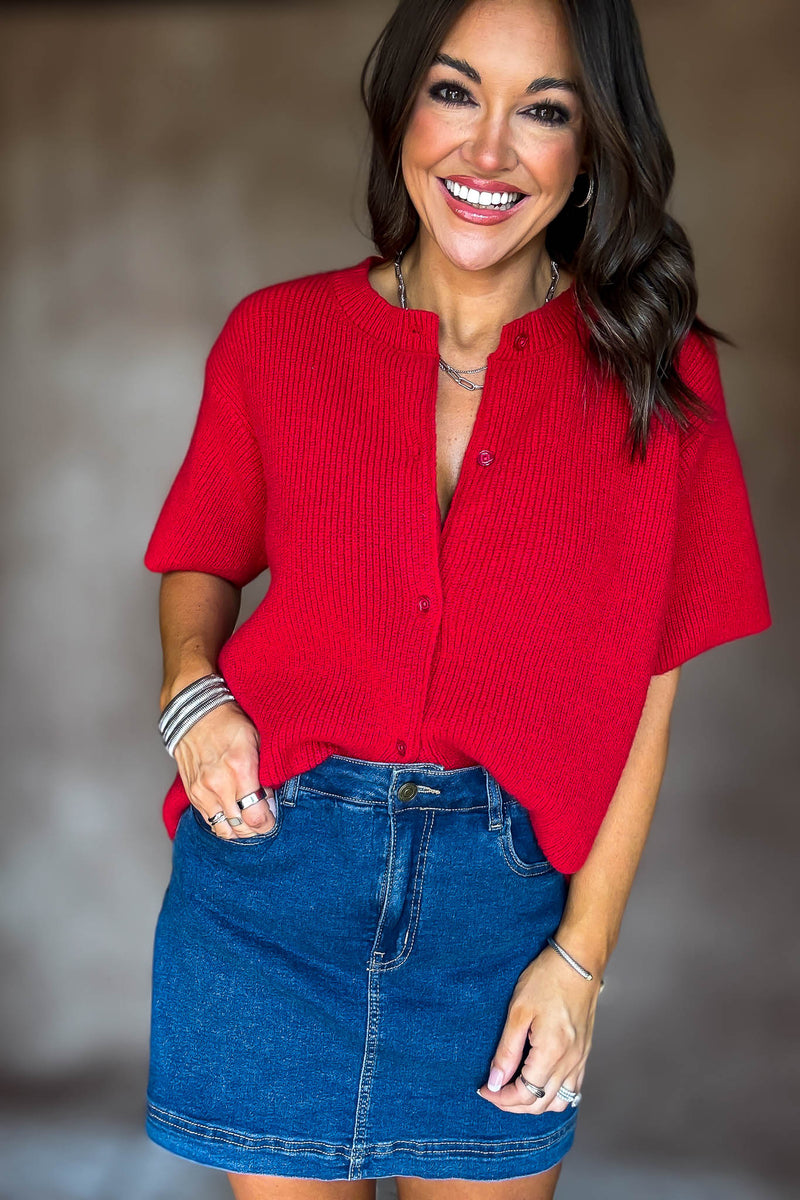 Red Short Sleeve Sweater Cardigan