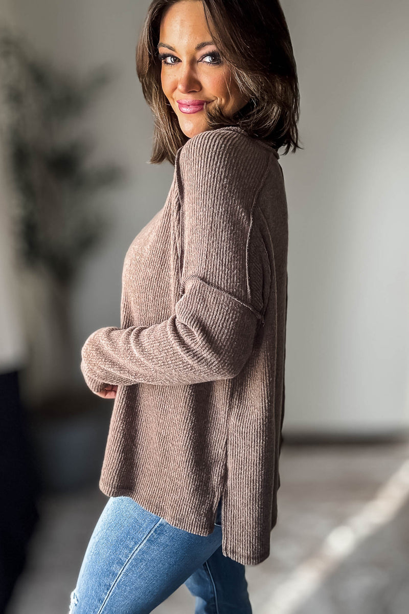 Brushed Mocha Ribbed Hacci Hi-Low Sweater Top