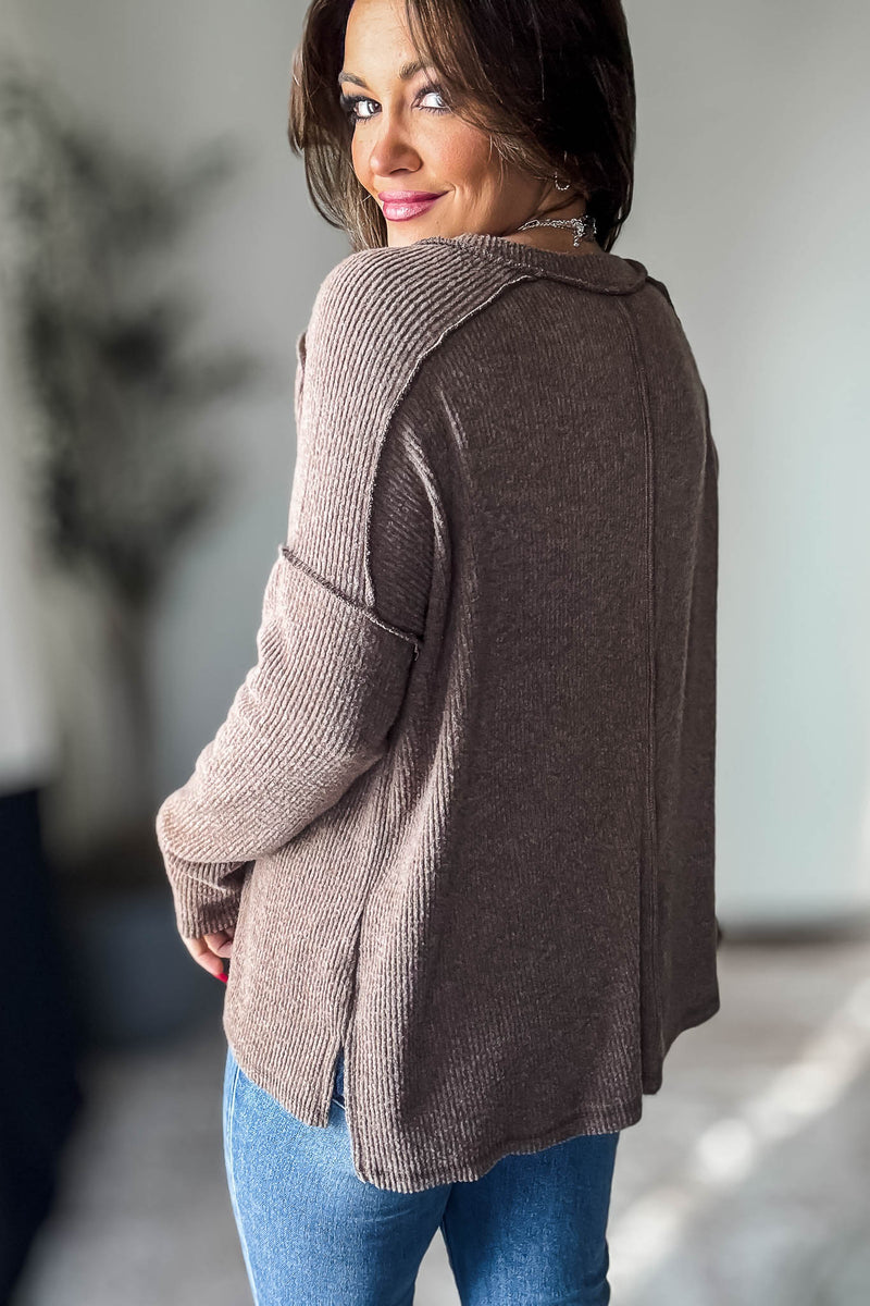 Brushed Mocha Ribbed Hacci Hi-Low Sweater Top
