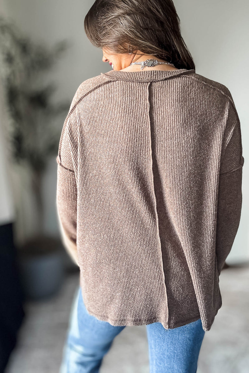 Brushed Mocha Ribbed Hacci Hi-Low Sweater Top