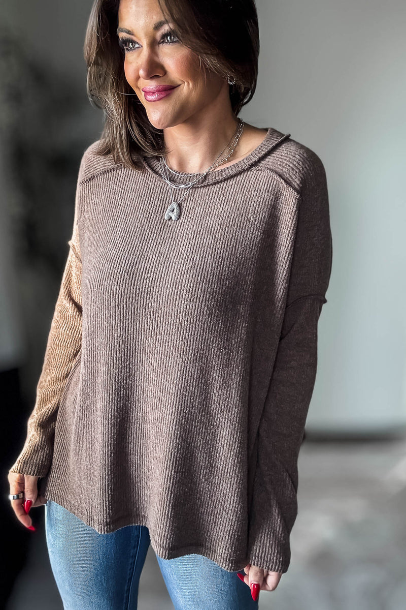 Brushed Mocha Ribbed Hacci Hi-Low Sweater Top