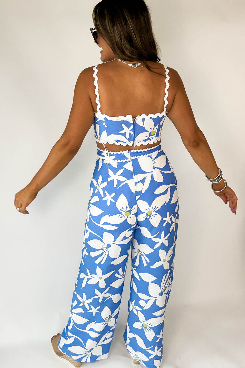 Blue Floral Rickrack Trimmed Pants