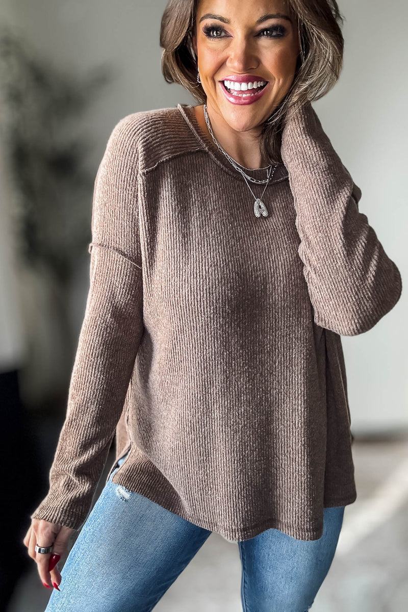 Brushed Mocha Ribbed Hacci Hi-Low Sweater Top