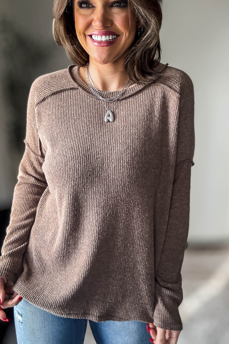 Brushed Mocha Ribbed Hacci Hi-Low Sweater Top