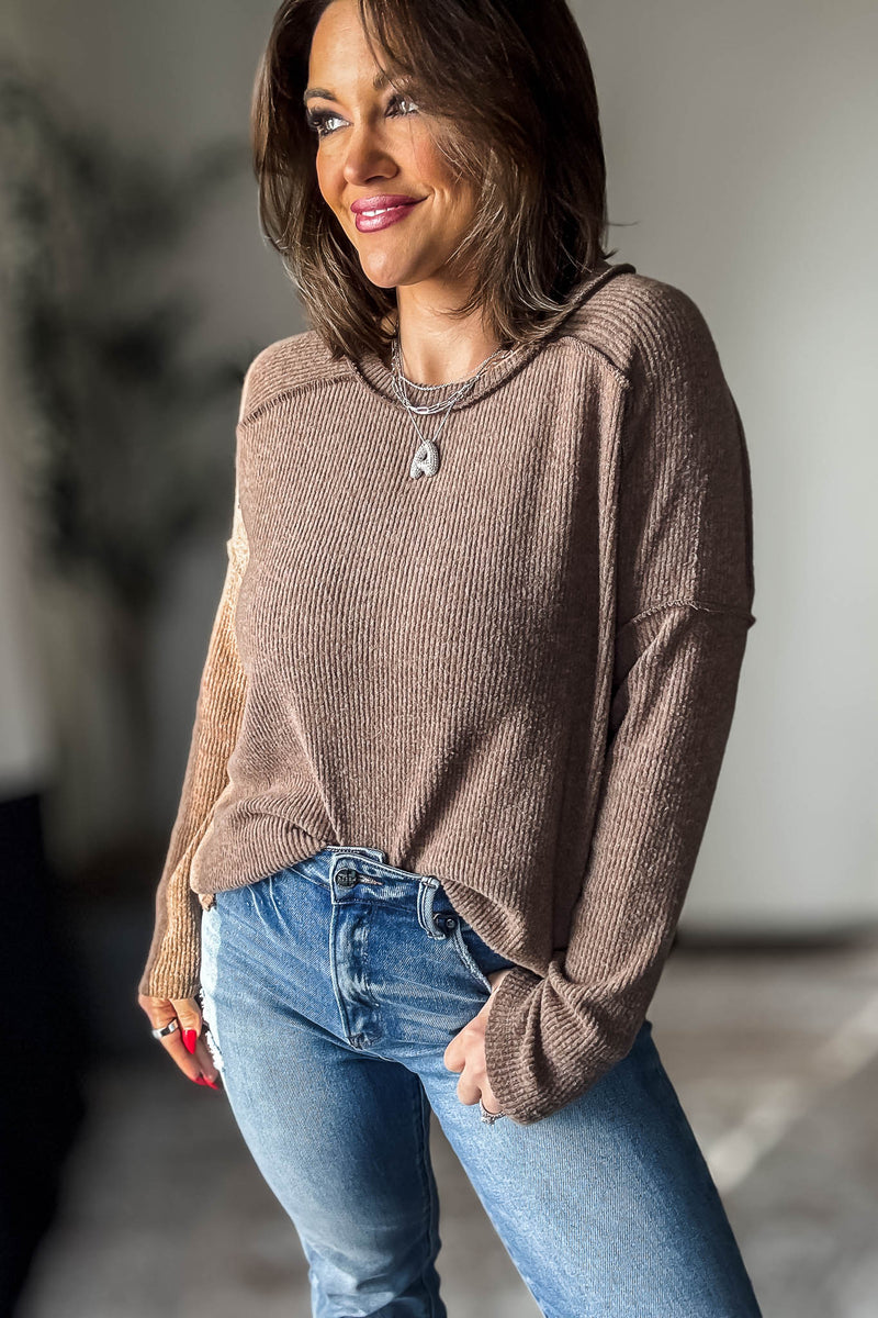 Brushed Mocha Ribbed Hacci Hi-Low Sweater Top