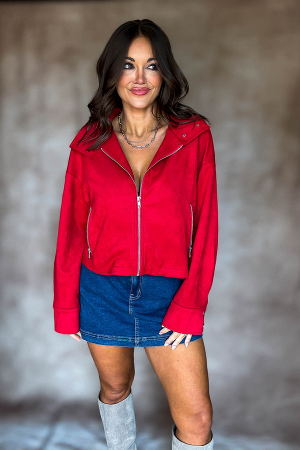 RED ZIPPER FRONT SUEDE JACKET