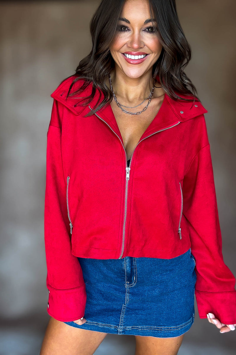 RED ZIPPER FRONT SUEDE JACKET