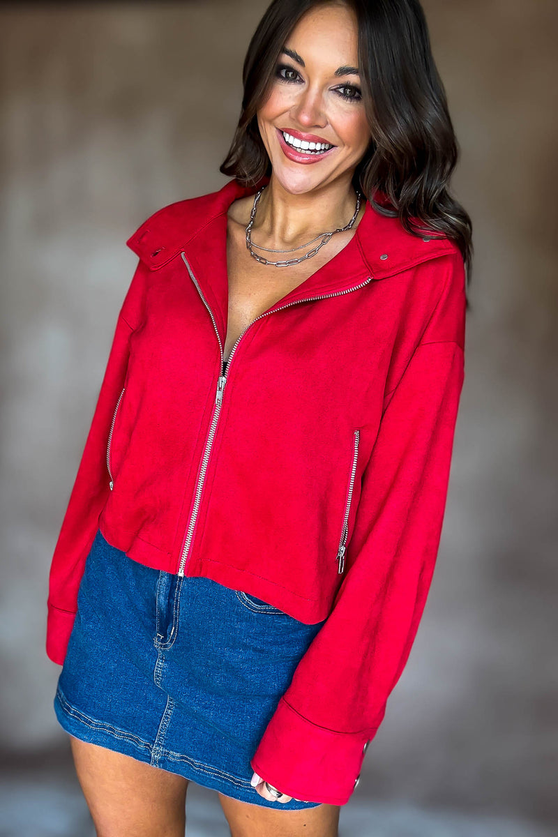 RED ZIPPER FRONT SUEDE JACKET