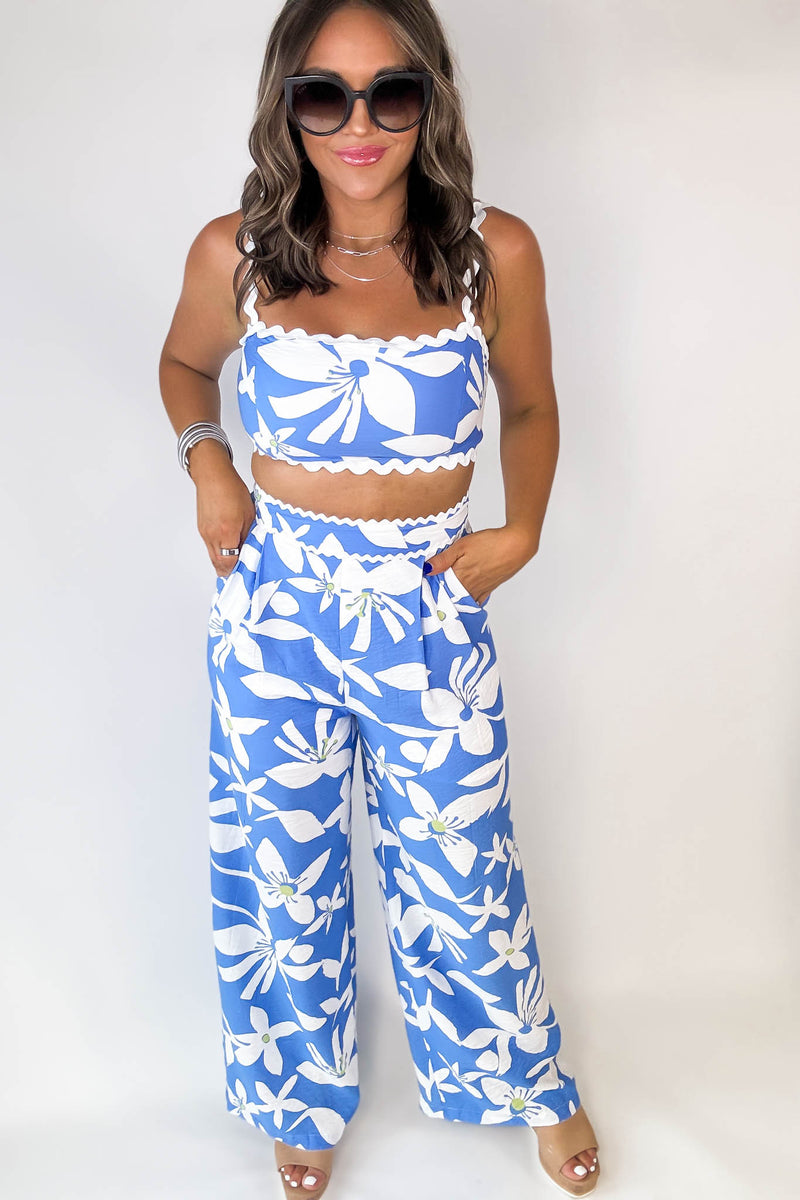 Blue Floral Rickrack Trimmed Pants