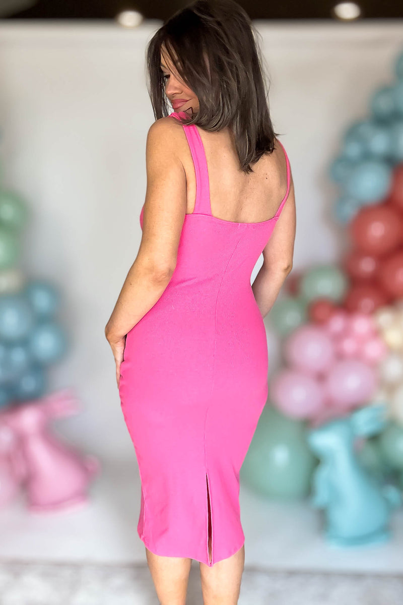 Square Neck Candy Pink Midi Sheath Dress