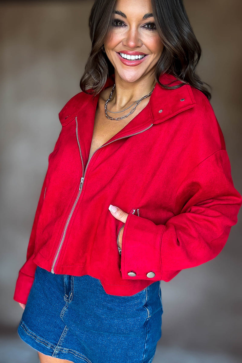RED ZIPPER FRONT SUEDE JACKET