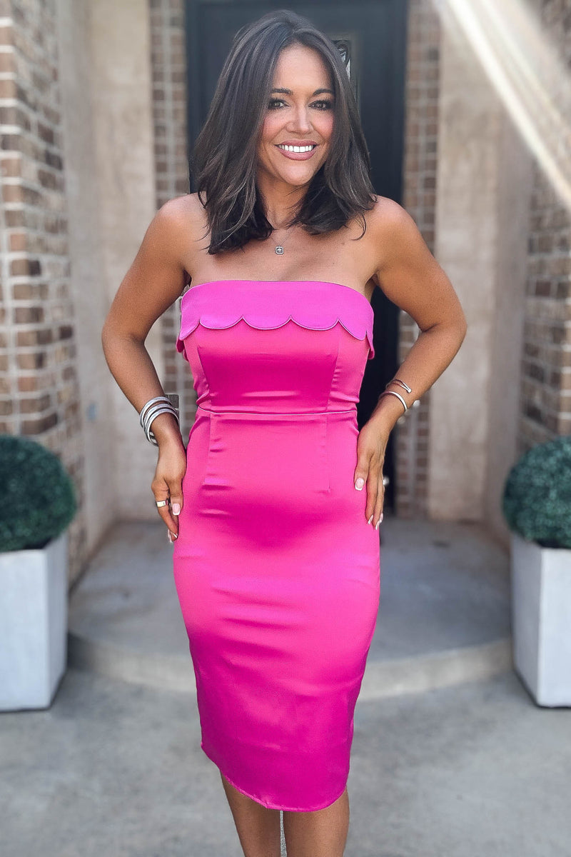 Mable Bold Magenta Scalloped Detail Tube Midi Dress