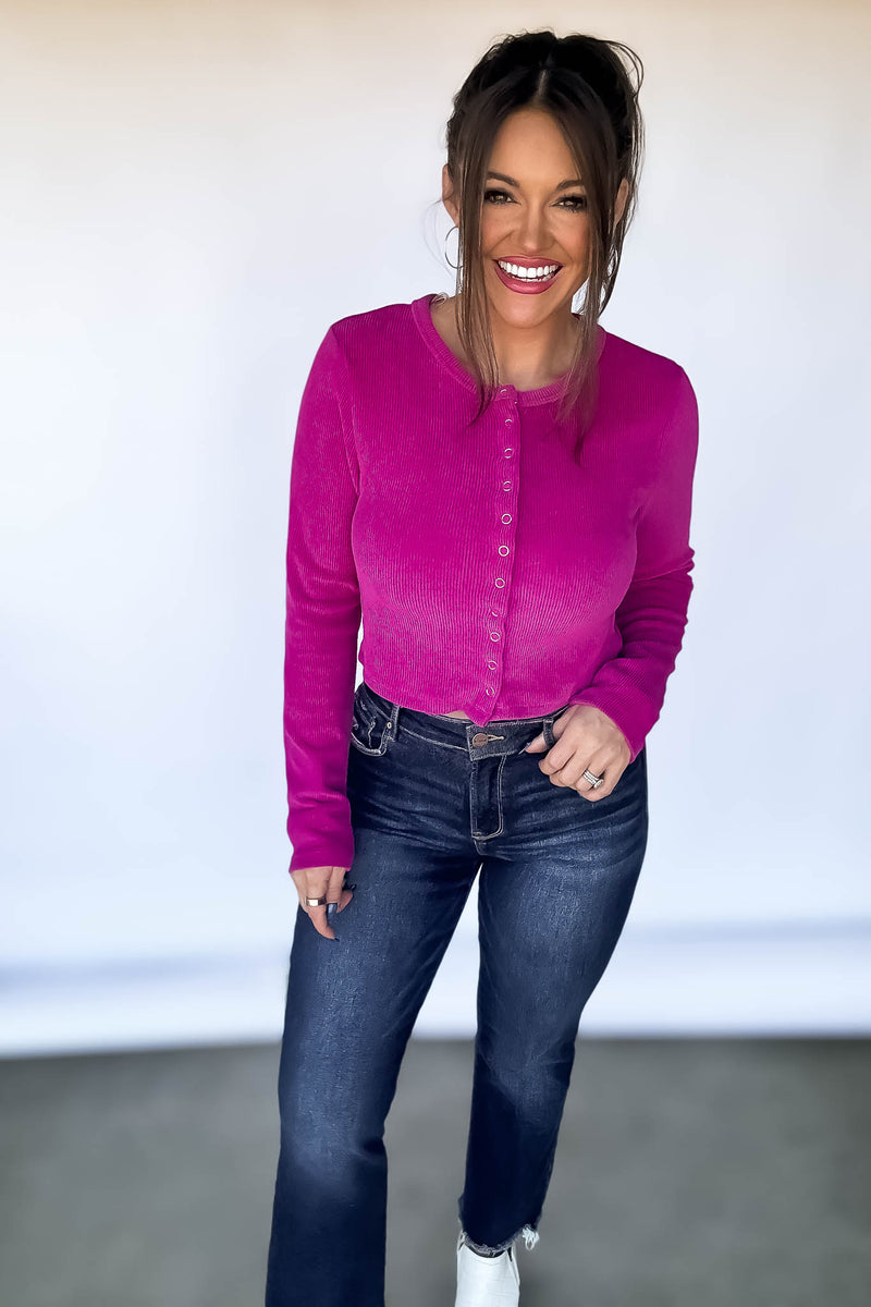 Magenta Button Down Washed Ribbed Corded Top