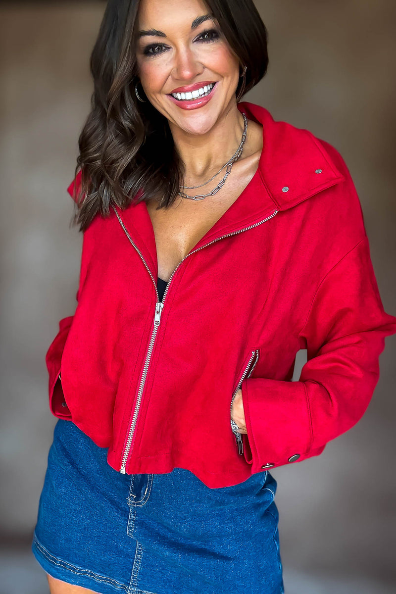 RED ZIPPER FRONT SUEDE JACKET