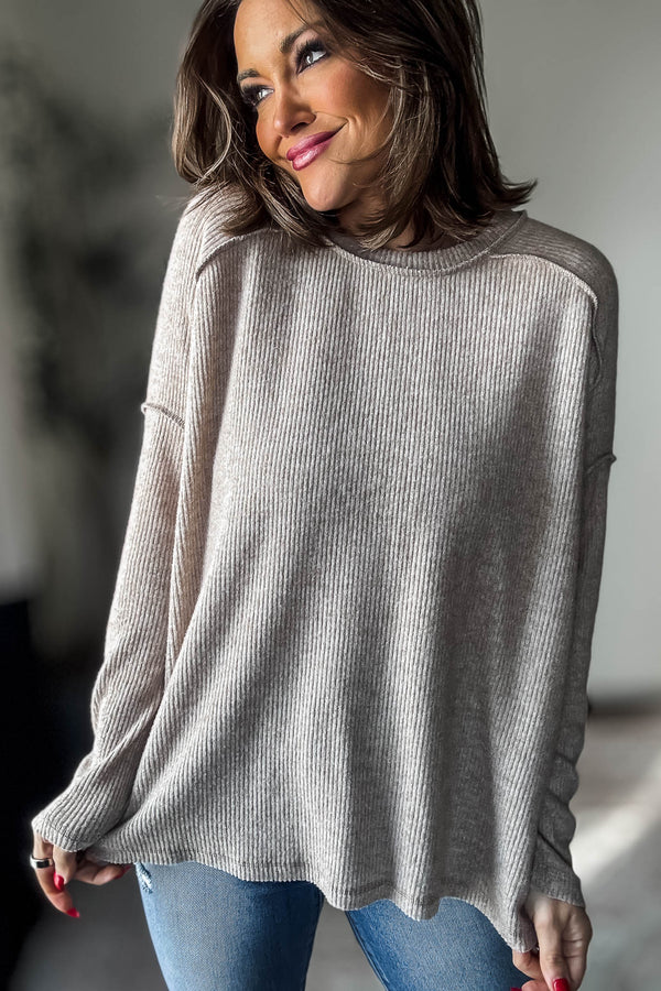 Brushed Heather Mocha Ribbed Hacci Hi-Low Sweater Top