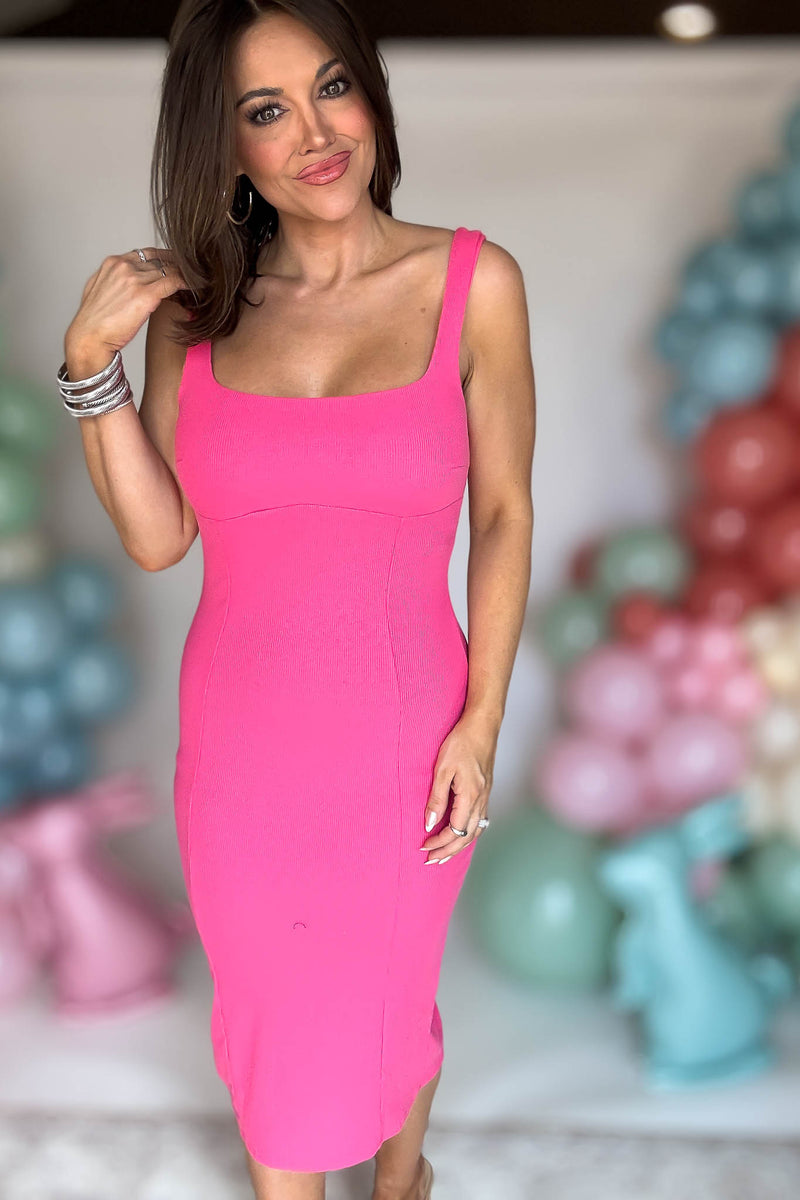 Square Neck Candy Pink Midi Sheath Dress