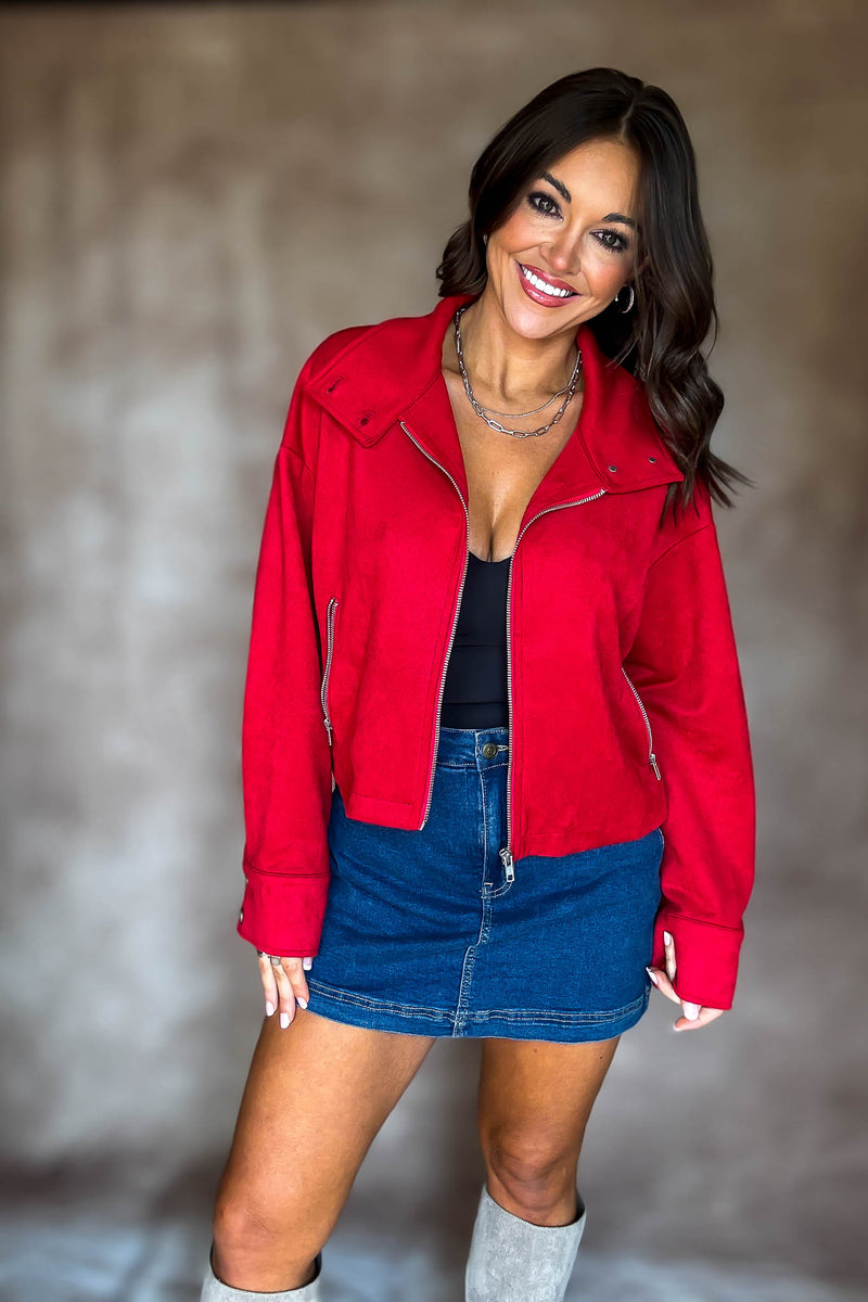 RED ZIPPER FRONT SUEDE JACKET
