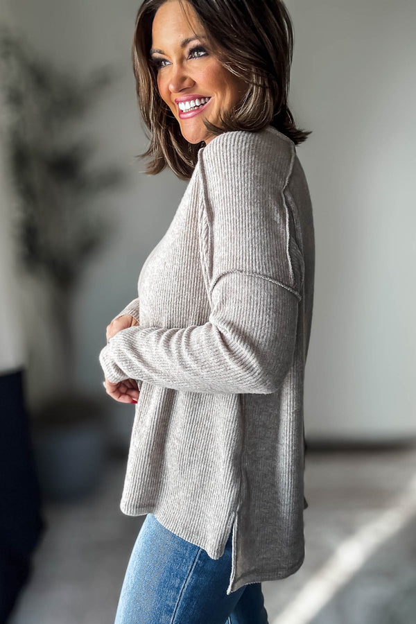 Brushed Heather Mocha Ribbed Hacci Hi-Low Sweater Top