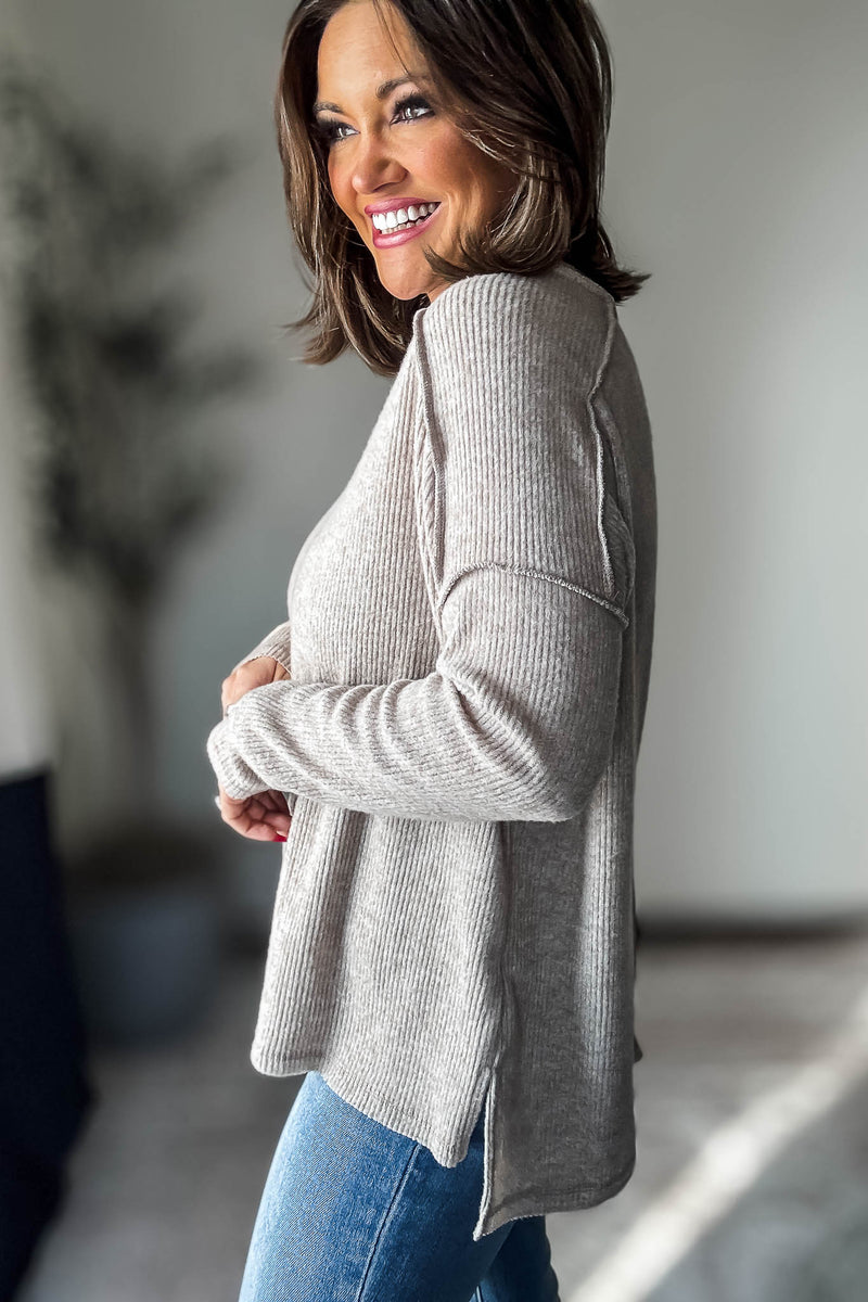 Brushed Heather Mocha Ribbed Hacci Hi-Low Sweater Top