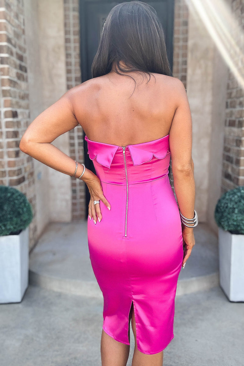 Mable Bold Magenta Scalloped Detail Tube Midi Dress