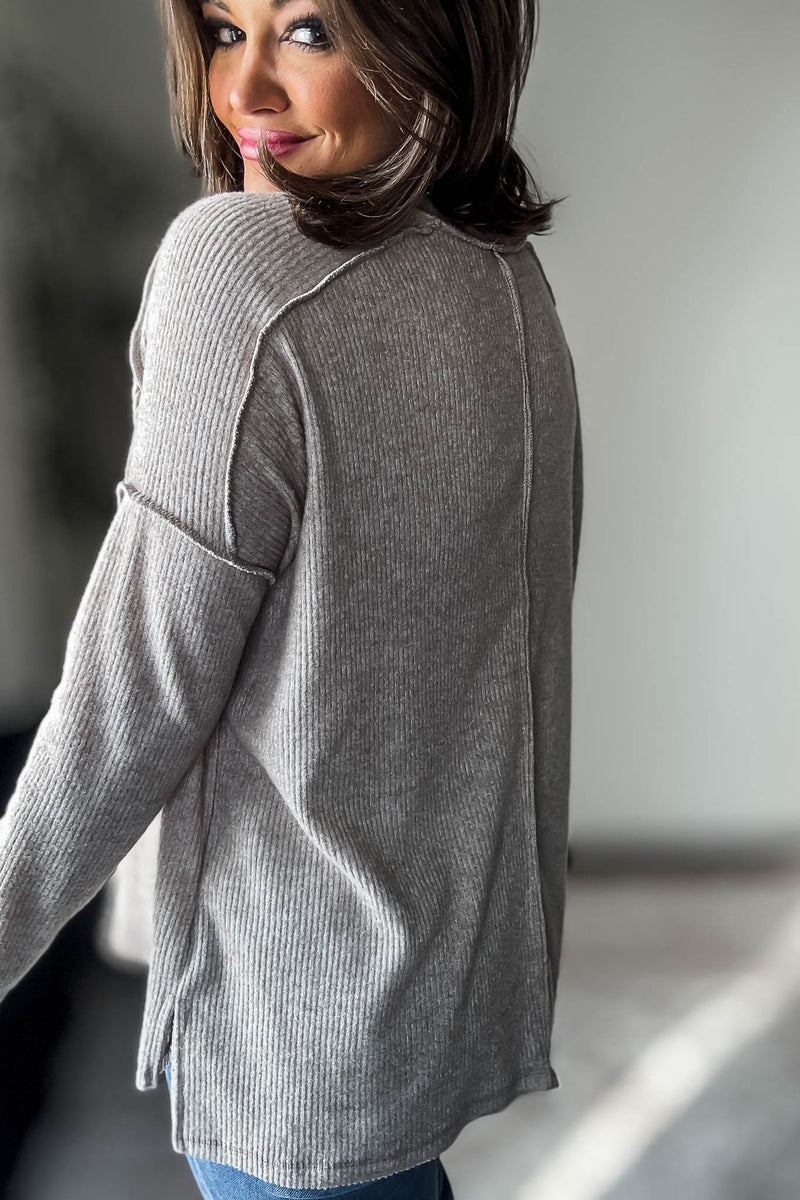 Brushed Heather Mocha Ribbed Hacci Hi-Low Sweater Top