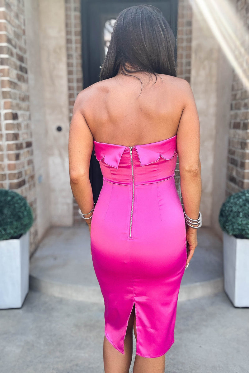 Mable Bold Magenta Scalloped Detail Tube Midi Dress