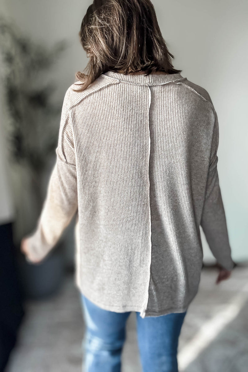 Brushed Heather Mocha Ribbed Hacci Hi-Low Sweater Top