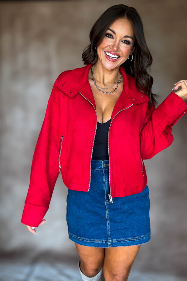 RED ZIPPER FRONT SUEDE JACKET