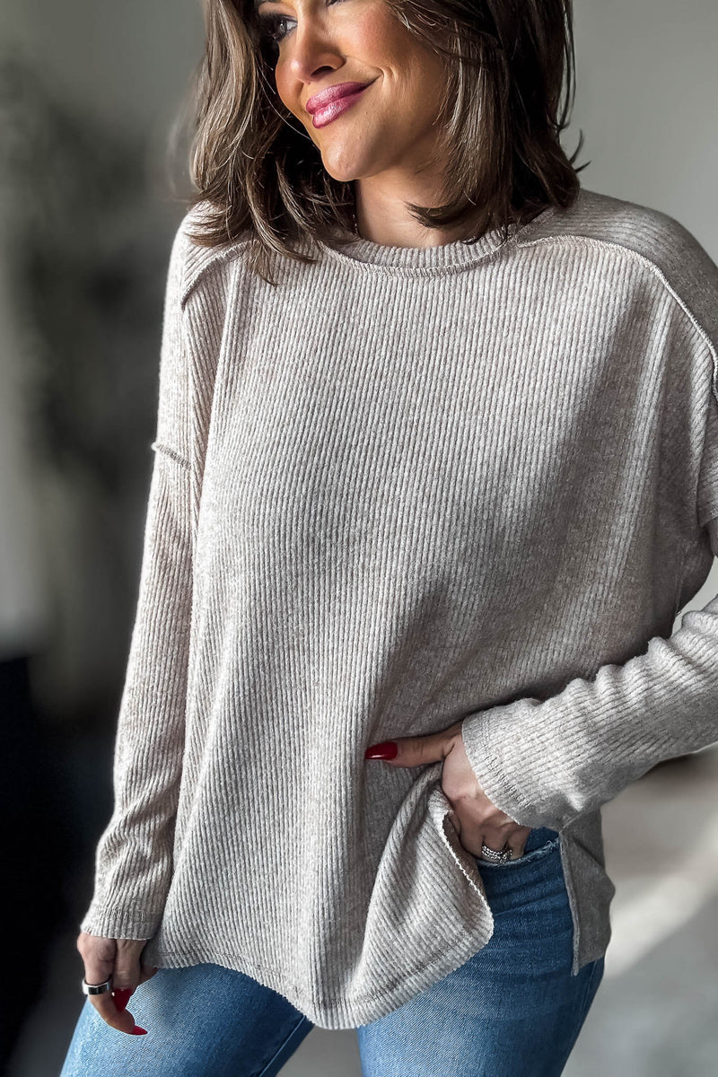 Brushed Heather Mocha Ribbed Hacci Hi-Low Sweater Top