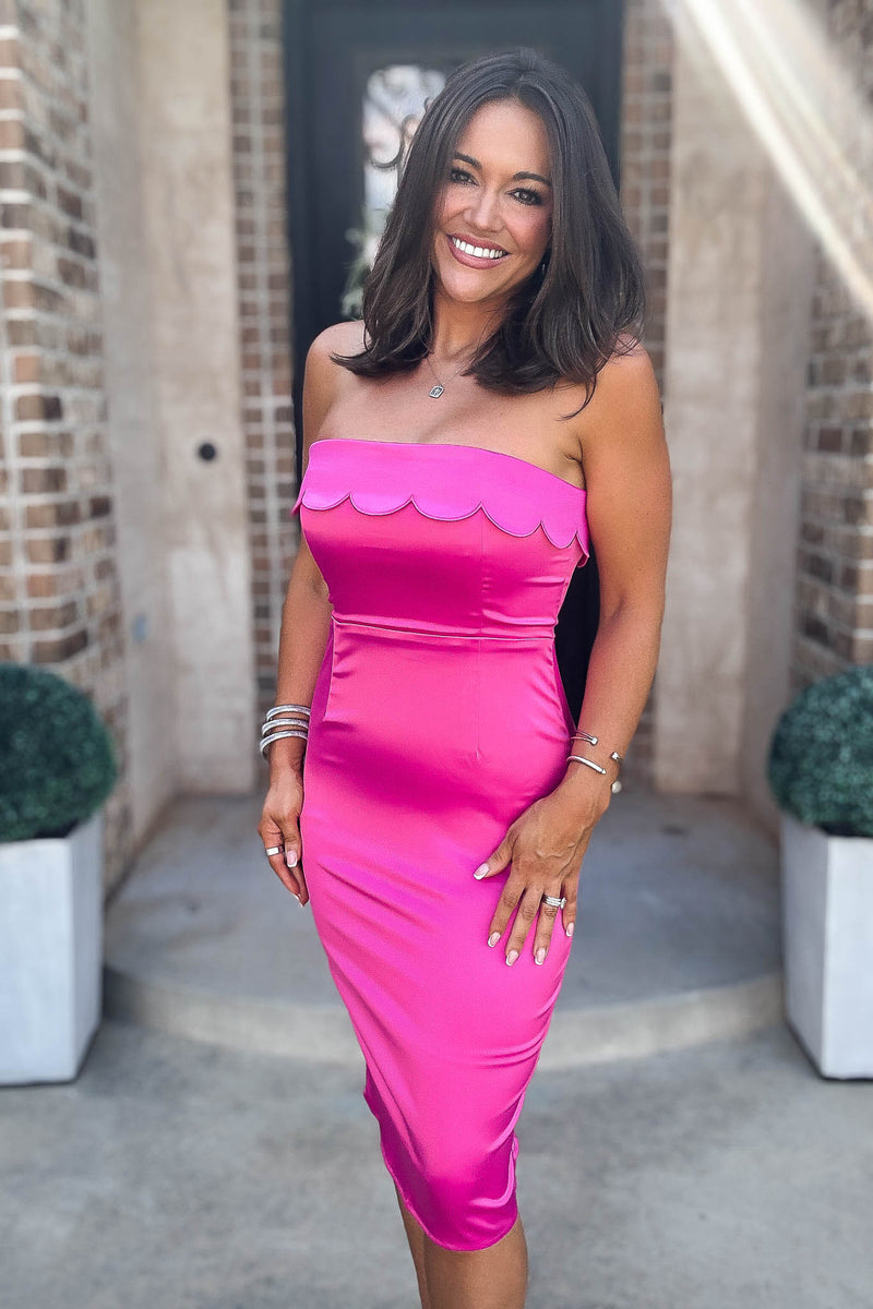 Mable Bold Magenta Scalloped Detail Tube Midi Dress