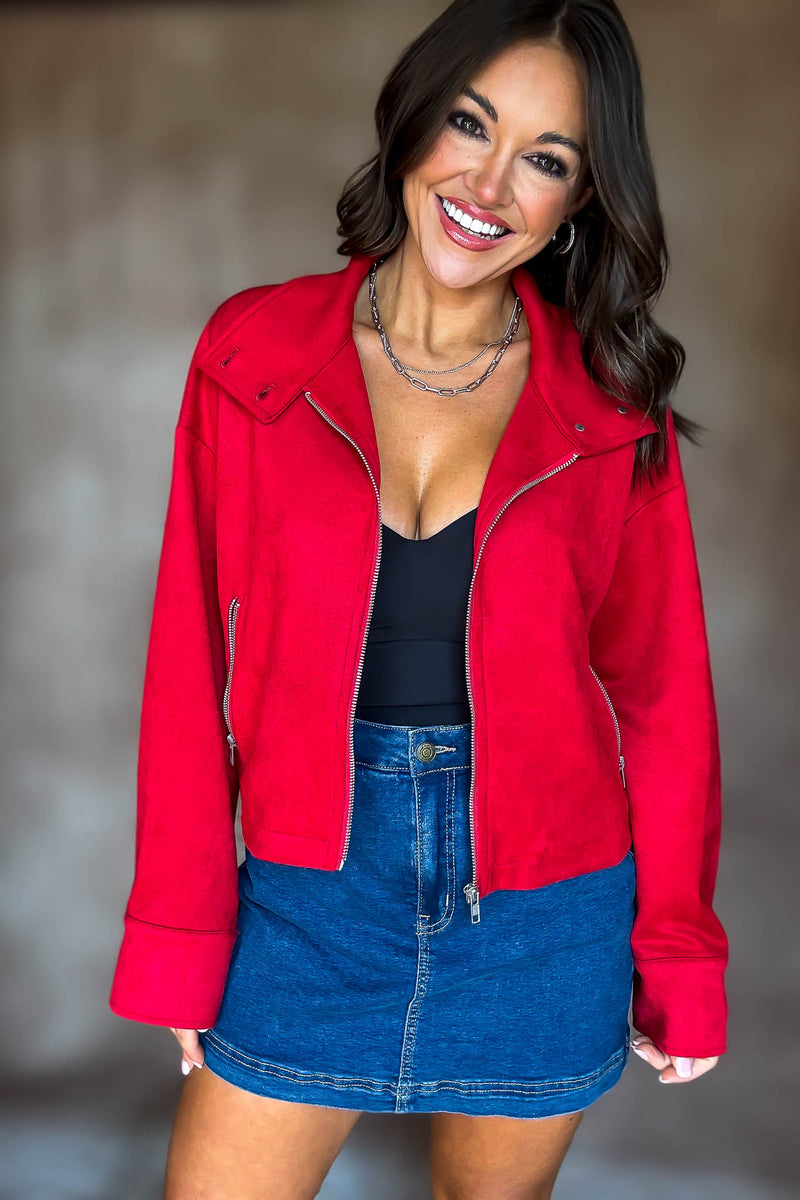 RED ZIPPER FRONT SUEDE JACKET