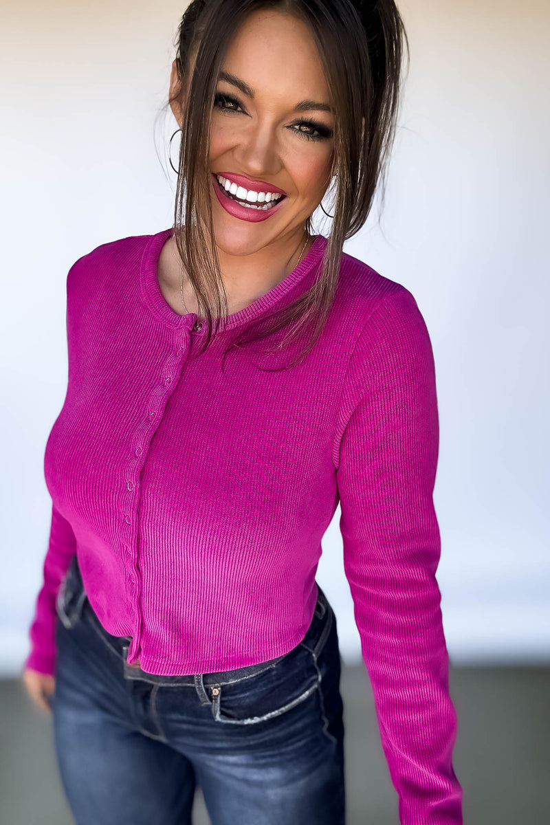 Magenta Button Down Washed Ribbed Corded Top