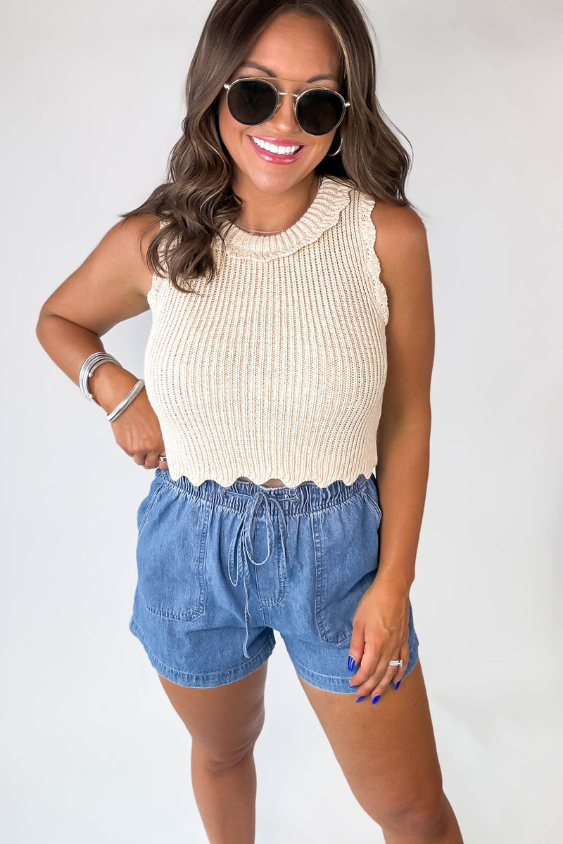 Scallop Edge Crop Knit Crochet Tank Top